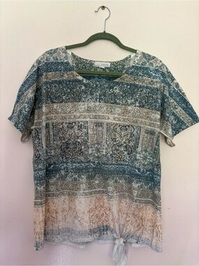 LA Threads Blue & Tan Patterned Short Sleeve Tie-Front Top